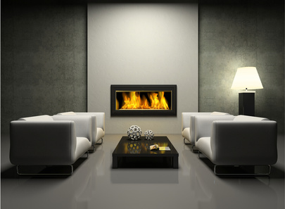 Modern interior with fireplace 3D rendering